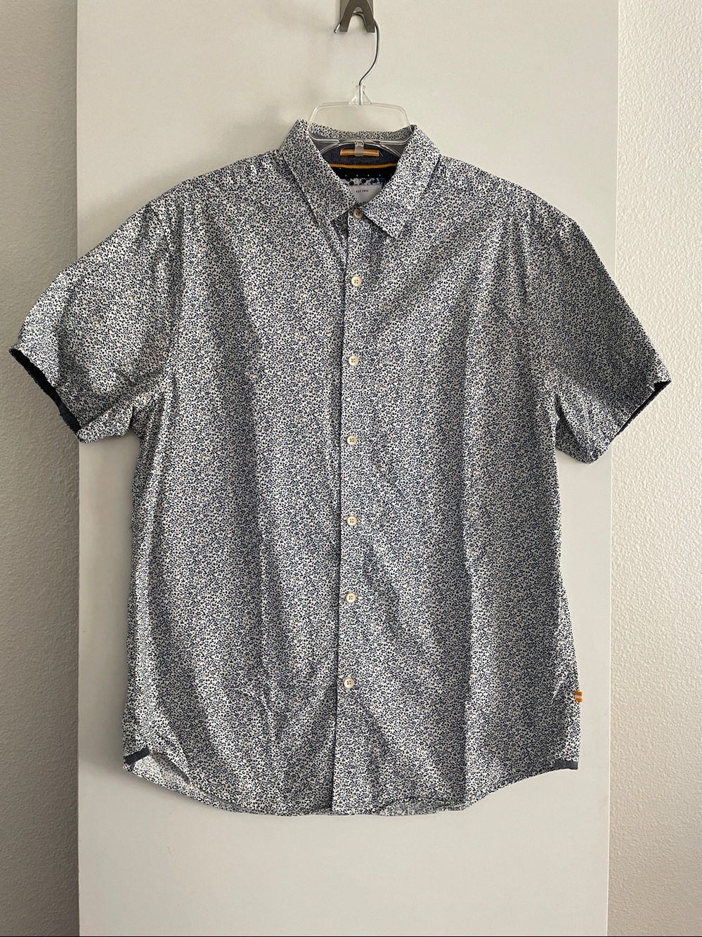 Denim & Flower All Cotton Slim Fit Short Sleeve Button Down Shirt Blue Floral